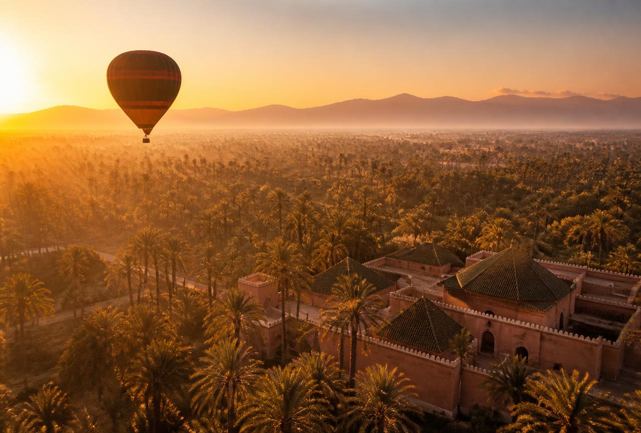 Montgolfière au-dessus de La Palmeraie à Marrakech
